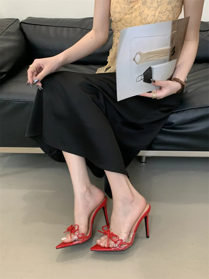 Pointed Toe Red High Heels Transparent Slippers Leather Bowknot Designer Sandal Summer Party Dress Shoes