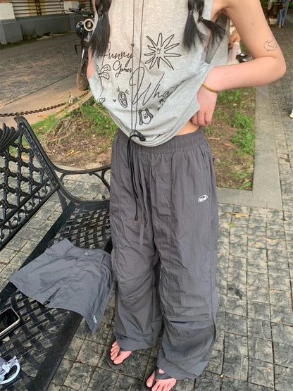 Grey Parachute Pants Woman Baggy Y2k Hip Hop Causal Patchwork Korean Straight Sweatpants Retro Trouser Summer