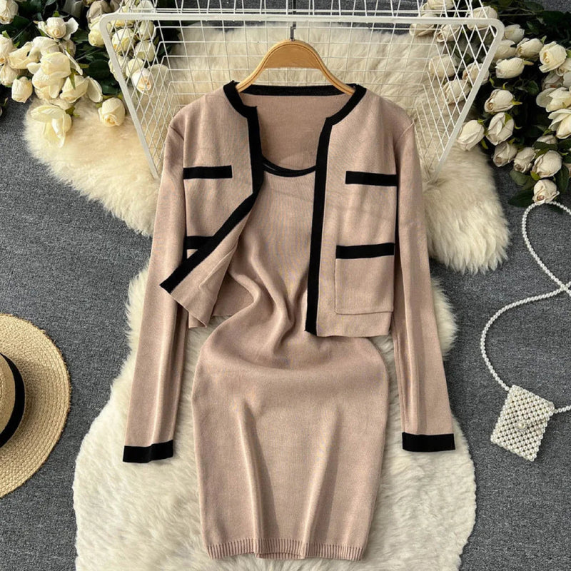 Autumn/winter Small Fragrant Wind Contrast Knitted Cardigan+suspended Tank Top Knitted Dress Ins