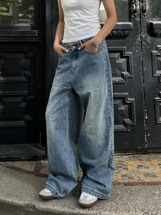 Blue High Waisted Denim Pants Harajuku Y2k Loose Kpop Straight Leg Jeans Hip Hop Trouser