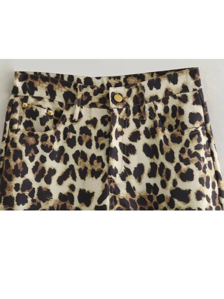 Female Leopard Print High Waist Pants Button Pockets Straight Leg Pant Female Slim Trousers