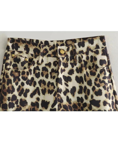 Female Leopard Print High Waist Pants Button Pockets Straight Leg Pant Female Slim Trousers