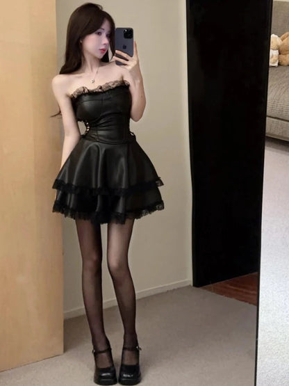 Summer Spring Faux Leather Backless Y2k Club Mini Dress Sleeveless Female New Clothes Vestidos