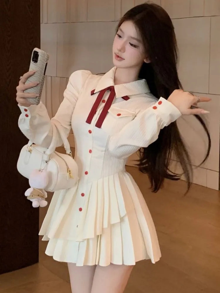 Sweet Mini Dress for Preppy Style Party Pleated Mini Dresses Slim Short Vestidos Female Outfits