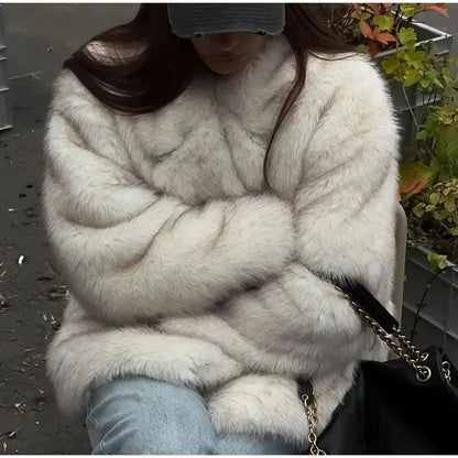 Furffy Thicken Jackets Faux Fur Loose Lapel Long Sleeves Warm Coats Female Winter Soft Outwears Lady