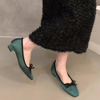 Satin Round Toe Bowknot Flat Shoes Brand Designe Open Heel Sweet Party Dress Square Heel Loafers