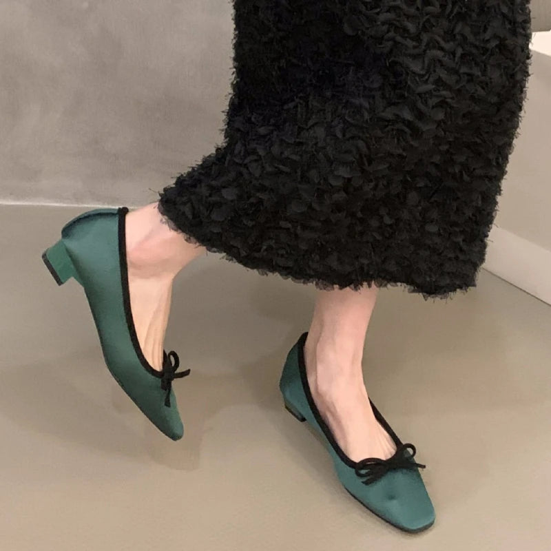 Satin Round Toe Bowknot Flat Shoes Brand Designe Open Heel Sweet Party Dress Square Heel Loafers