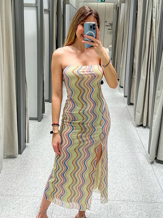 Summer Printed Tube Long Dress for Woman Strapless Slit Slim Fit Dresses Female Tulle Dress