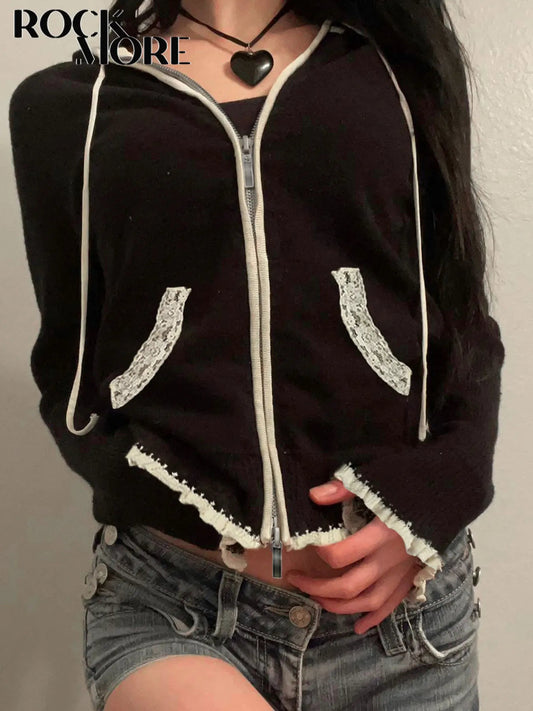 Lace Trim Pocket Patchwork Drawstring Hooded Slightly Thick Coat Y2k Zip Up Slim Sweater Autumn Winter Clothes