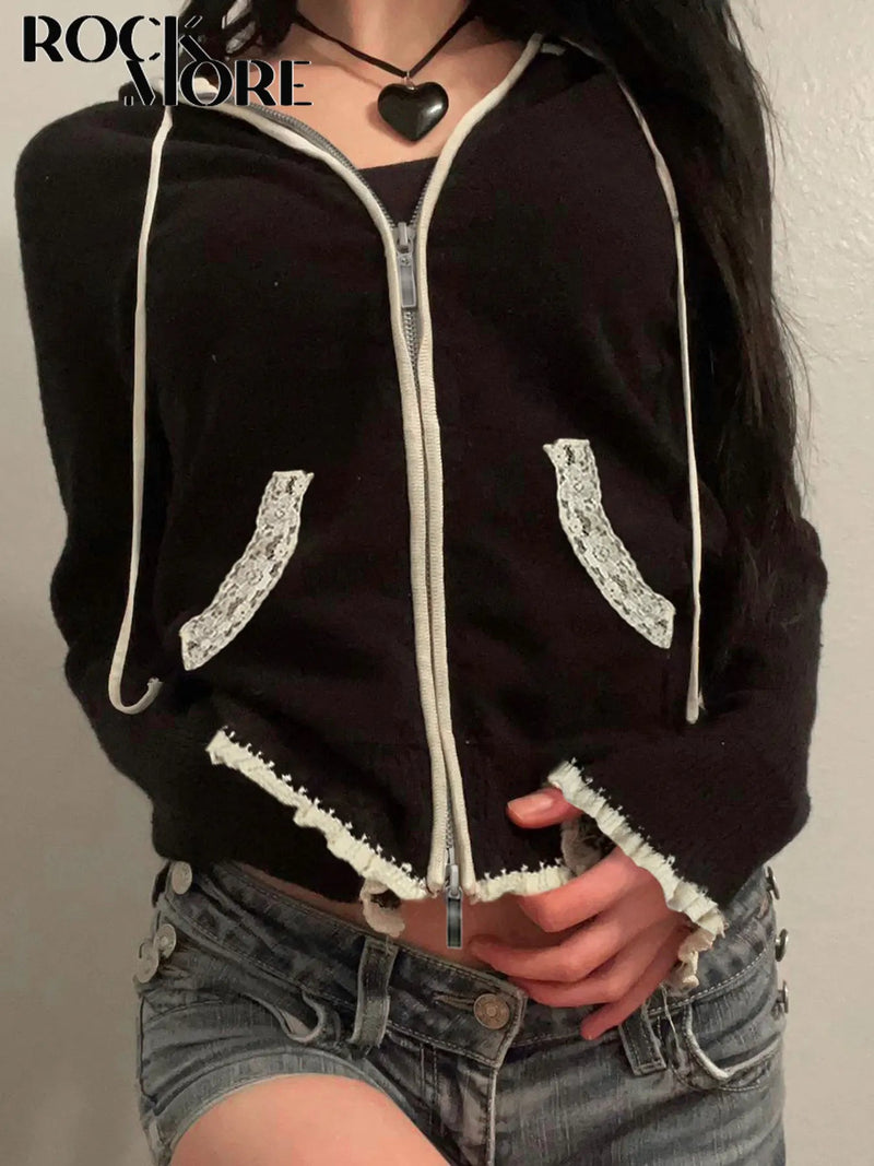 Lace Trim Pocket Patchwork Drawstring Hooded Slightly Thick Coat Y2k Zip Up Slim Sweater Autumn Winter Clothes