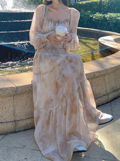 French Style Midi Dress Aline Chiffon Party Birthday Clothes Female Vestidos Spring