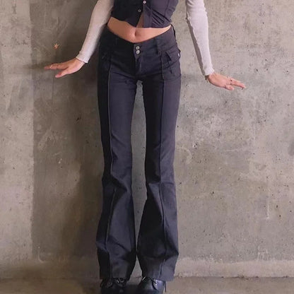 Y2k Brown Flared Jeans Color Pocket Kawaii Trousers Low Waist Aesthetic Jogging Pants Basics
