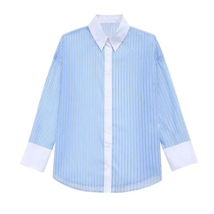 Spring Shirt Woman Blue Striped Lapel Long Sleeve Single Breasted Female Transparent Blouse