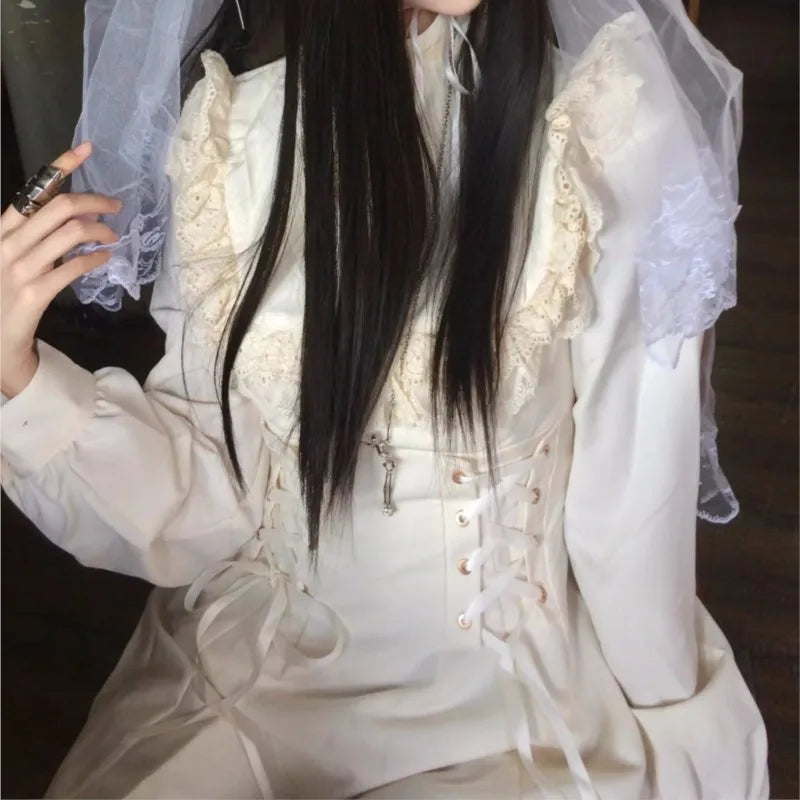 Japanese Style Kawaii Lace-up Midi Dresses Princess Party Dress Long Sleeve O-neck High Waist Y2k Gothic Vestidos Mujer