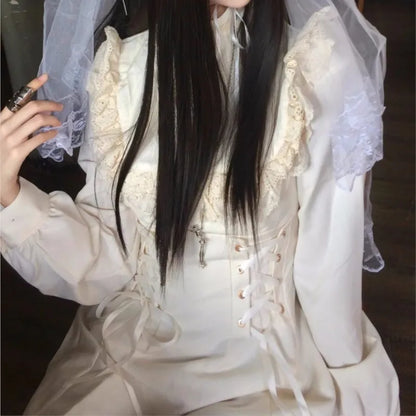 Japanese Style Kawaii Lace-up Midi Dresses Princess Party Dress Long Sleeve O-neck High Waist Y2k Gothic Vestidos Mujer