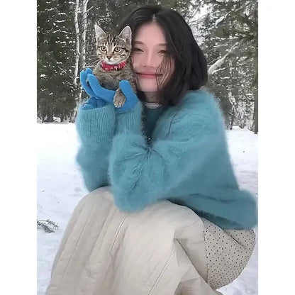 Autumn and Winter New Furry Blue Mink Fur Sweater for Round Neck Simple Loose Knitted Pullovers Tops