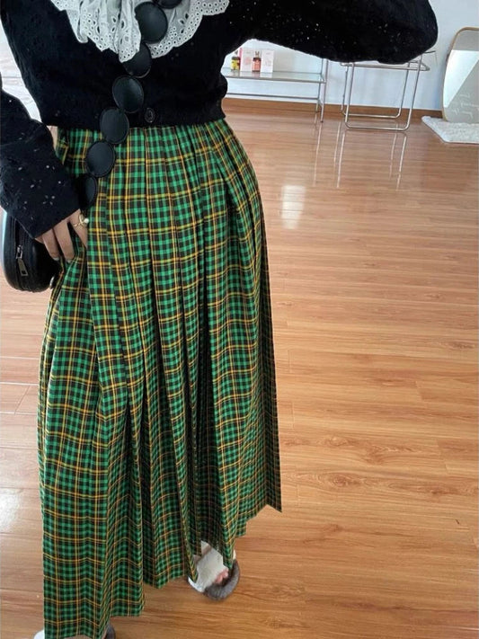 Large Plaid Skirts for Woman Autumn New Design Pleated Skirt Korean Faldas Long Elastic Waist Skirts