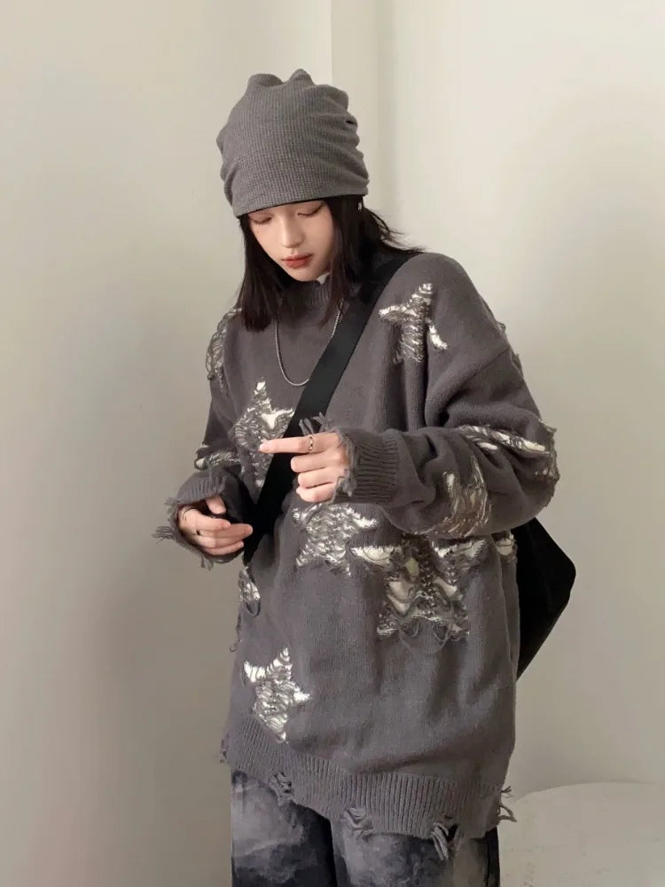 Star Hollow Out Sweater Autumn Winter Oversized Harajuku Pullover Punk Grunge Goth Hip Hop Tops Clothes