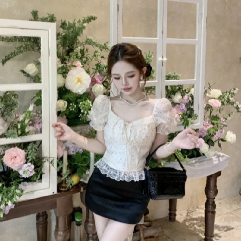 Puff Sleeve Blouses Polka Dot Spring Summer Sweet Korean Shirts Square Neck Retro Blusas Mujer