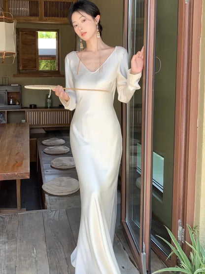 Autumn Satin Long Dresses for Wedding Evening Party Dress Prom Robe V-neck Long Sleeves Mermaid One Piece Vestido