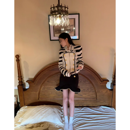 Skirt Twopiece Skirt Suit Knitted Sweater Winter Chaebol Style Heavy Industry Design Stripe New Highwaisted