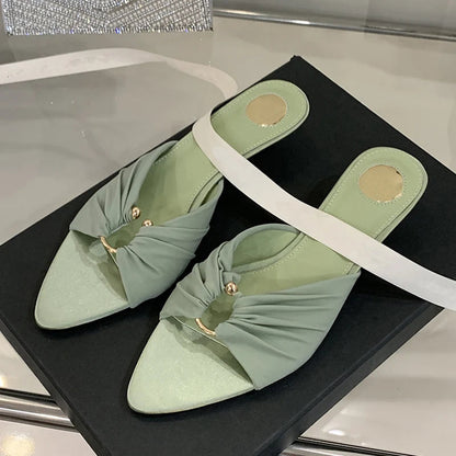 Pleated Silk Hollow Out Metal Buckle Slippers Sandal Summer Pointed Toe Low Thin Heels Beach Party Female Shoes