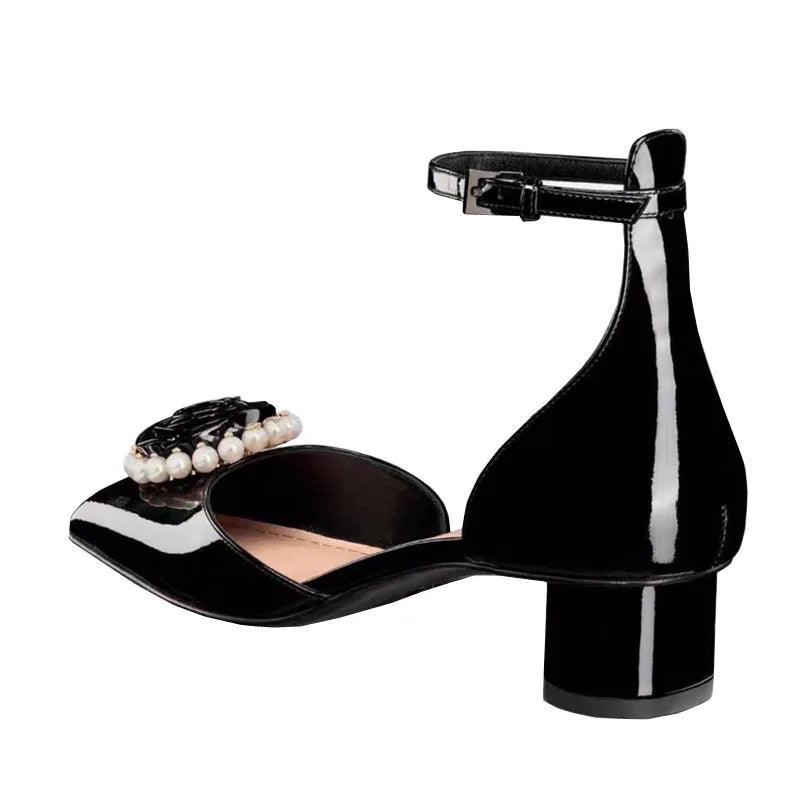 Pearl Flower Mary Jane Shoes High Heels Block Heel Square Toe Spring/summer New Patent Leather Square Buckle Singles