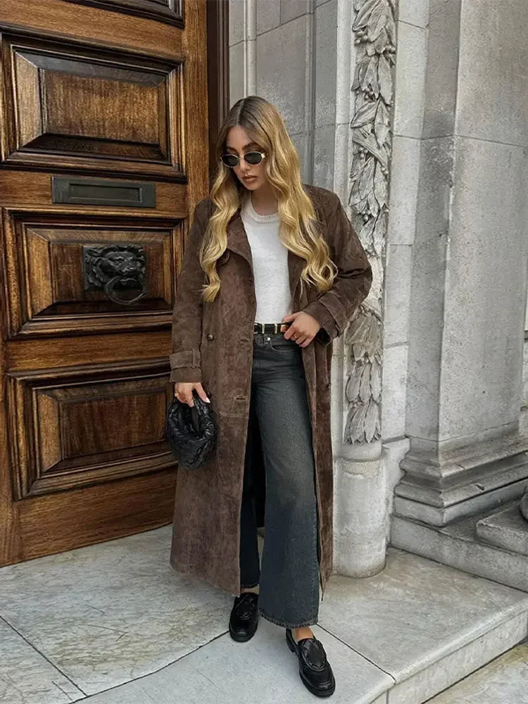 With Belt Suede Long Jacket Button Lapel Oversize Loose Overcoat Autumn Female High Street Coat
