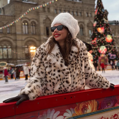 Exclusive Long Brown Leopard Fox Fur Coat Winter New Hot Brand Faux Fur Jacket Overcoat