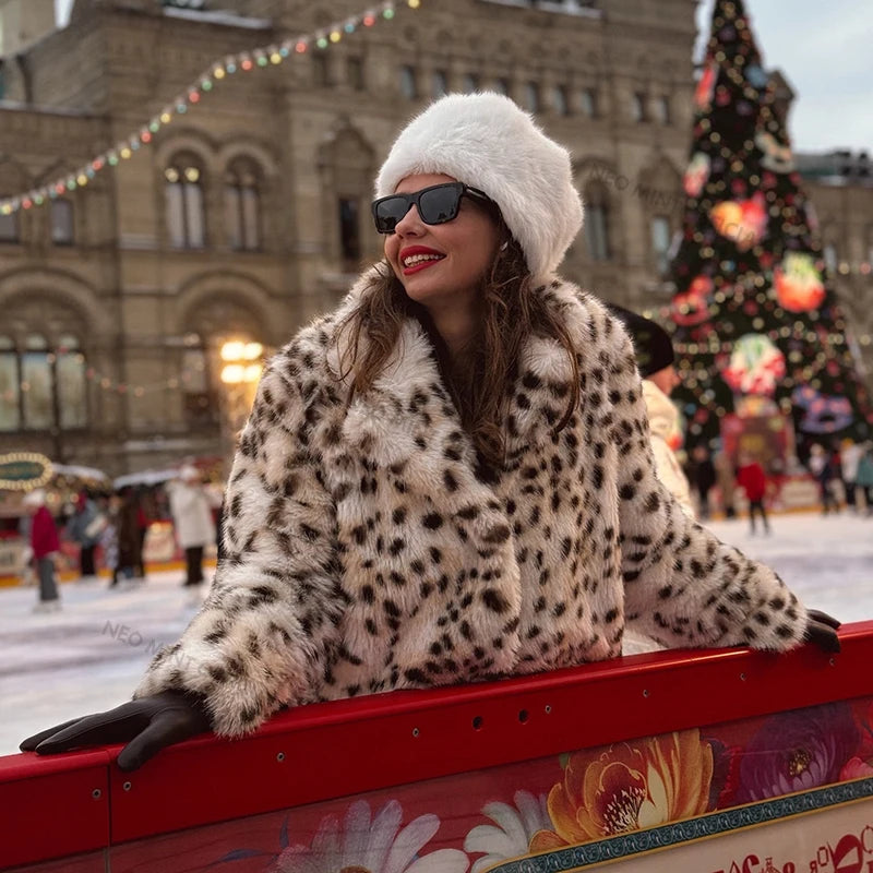 Exclusive Long Brown Leopard Fox Fur Coat Winter New Hot Brand Faux Fur Jacket Overcoat