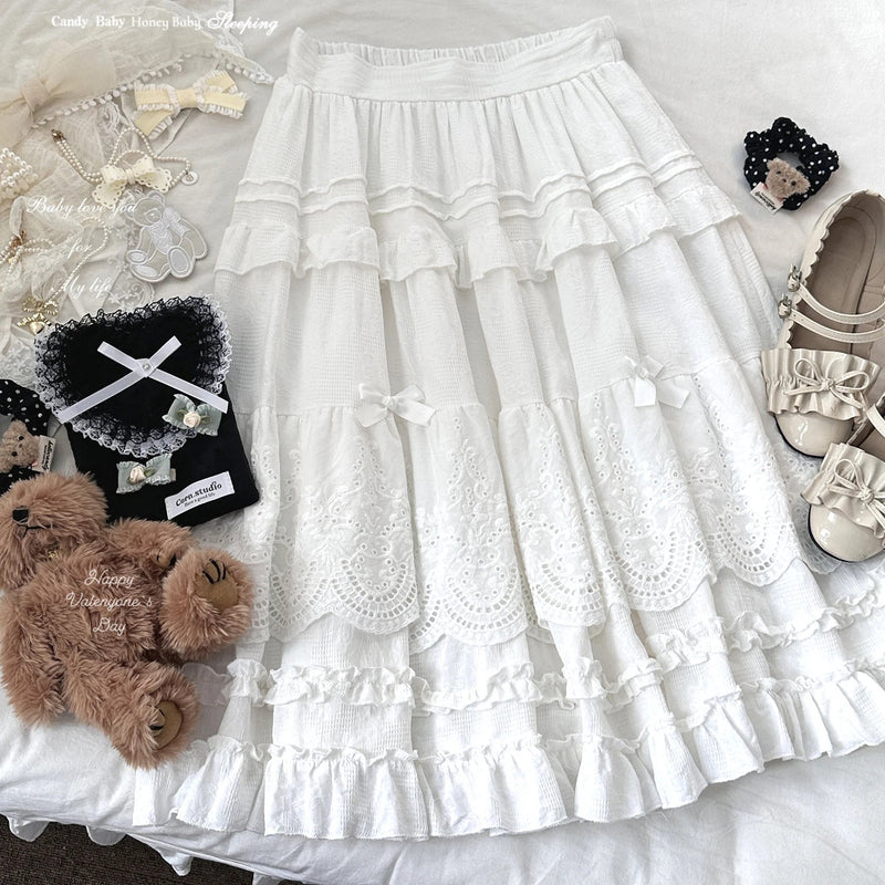 Embroidered Lace Ball Gown Skirts Bow Selvedge Lotus Leaf Skirt Clothing Sweet Age Reduction Kawaii Skirt