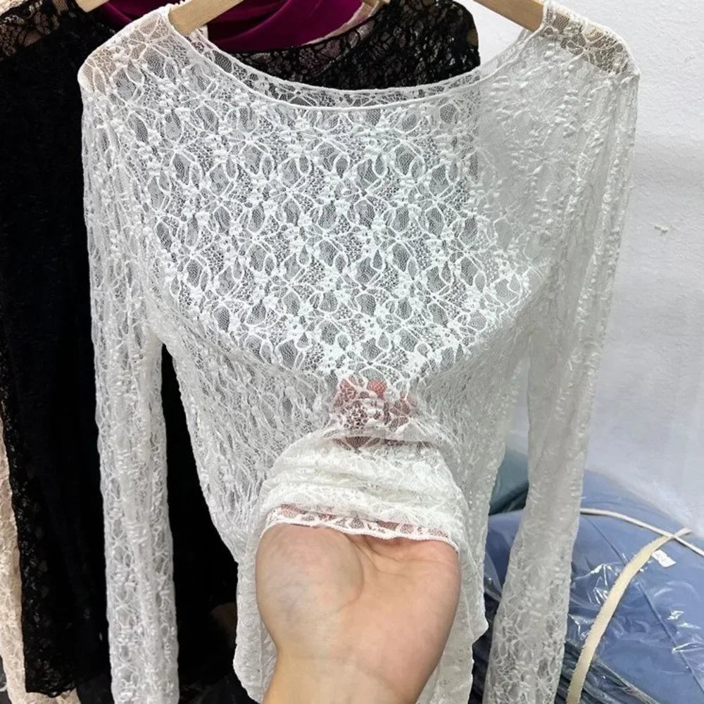 Lace Mesh High Collar Bottom T-shirts Female Long Sleeve Autumn Style Tight Thin Tops T-shirts Clothes