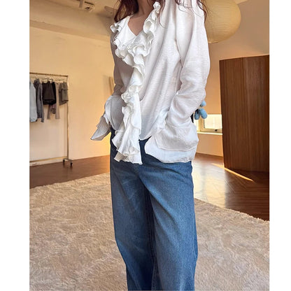 Vneck Ruffled Flared Sleeve Shirt Spring Retro and Stylish Loose Niche Versatile Blouse Top