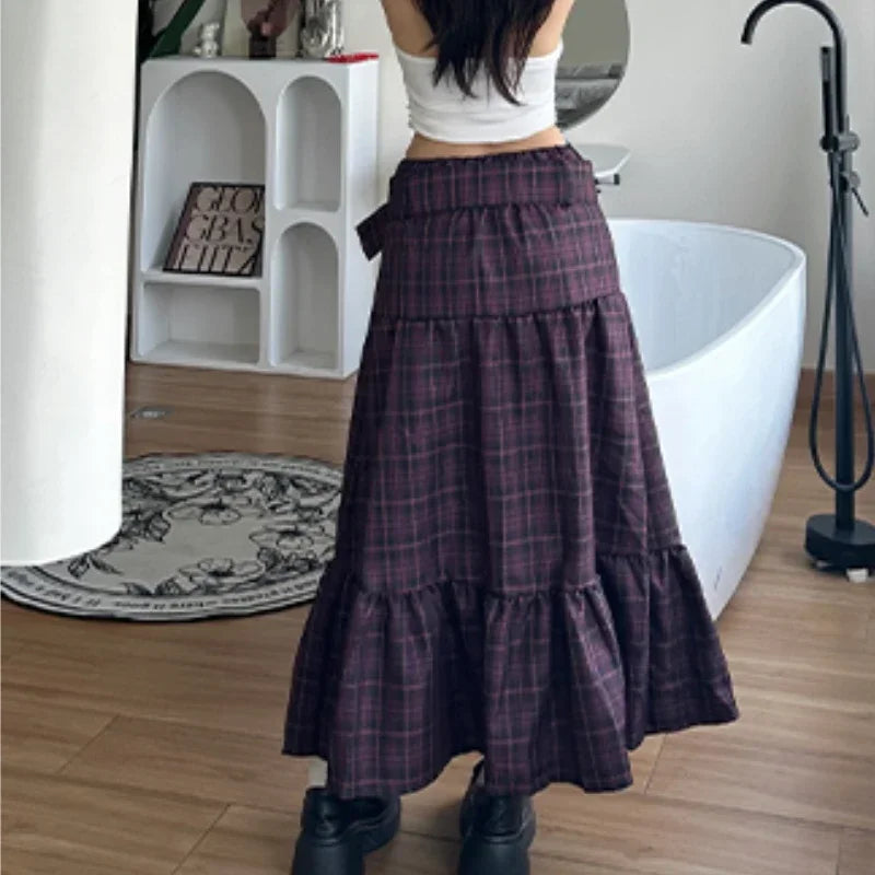 American Pleated Zipper Loose Aline Skirt Autumn New High Waist Contrast Color Plaid Midlength Skirt