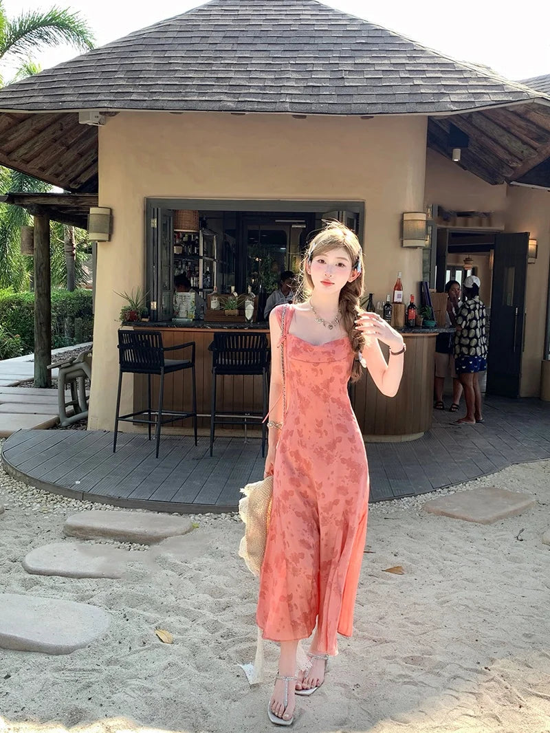 Y2k Spaghetti Strap Dress New Print Midi Dress Female Korean Slim Beach One Pieces Vestidos