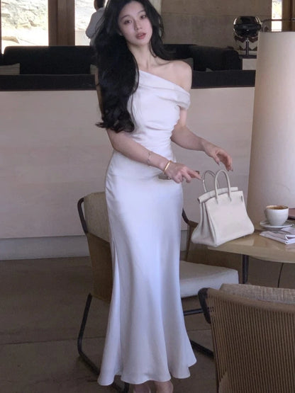Bodycon Satin Long Dresses for Off Shoulder French Mermaid Wedding Evening Party Dress Prom Robe Vestidos