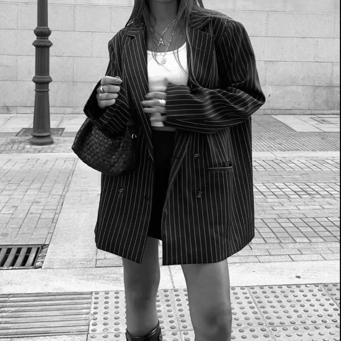 Spring Black Striped Oversized Blazer Loose Notched Full Sleeve Suits High Waist Long Flare Pants Halter Tank Tops
