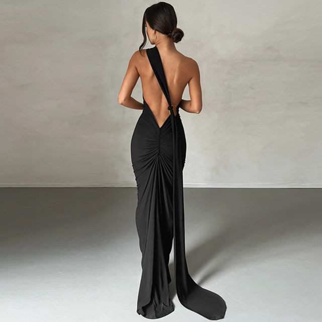 Oblique Shoulder Backless Maxi Dress for Gown Summer Back Strap Sleeveless Ruched Party Long Dress Vestidos