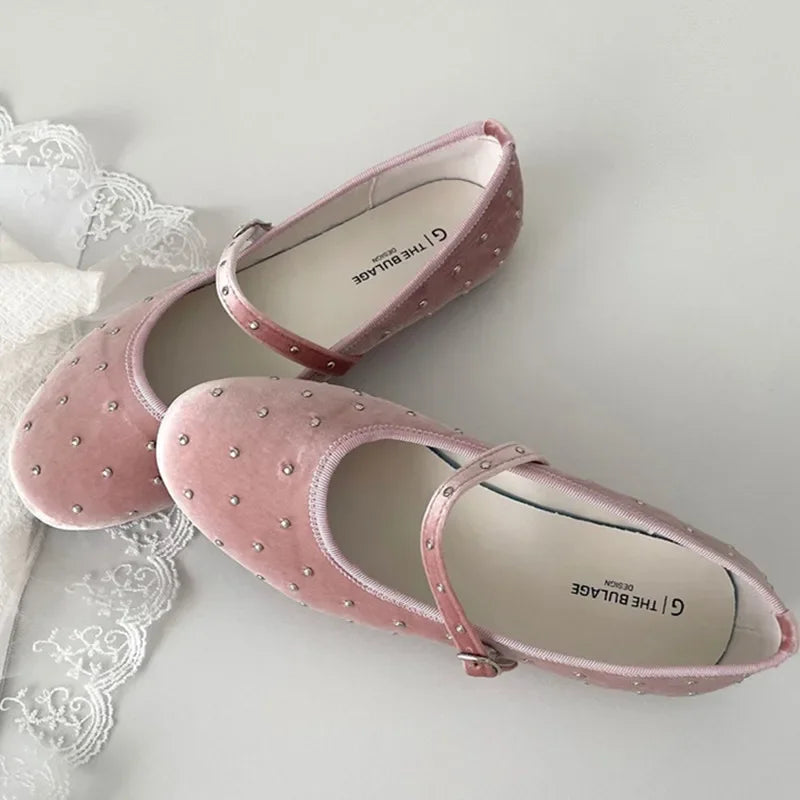 Satin Velvet Rivet Decoration Flat Shoes New Designer Comfort Mary Jane Shoe Ballet Flats Loafers