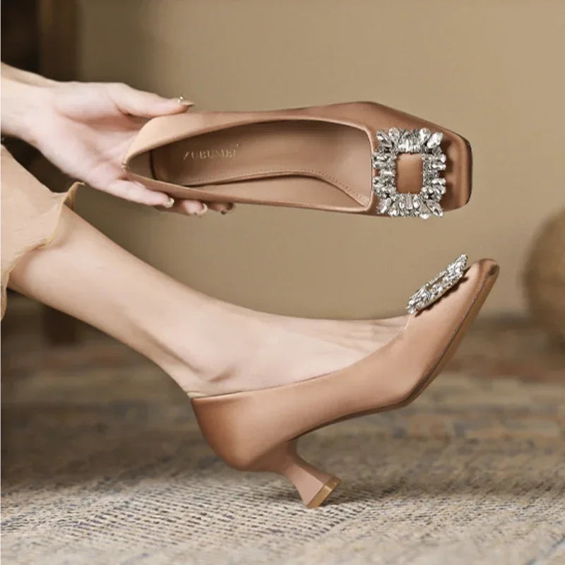 Rhinestone Satin Pumps Square Button Low Heel Office Shoes Crystal High Heels Dress Shoes
