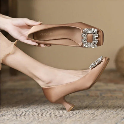 Rhinestone Satin Pumps Square Button Low Heel Office Shoes Crystal High Heels Dress Shoes