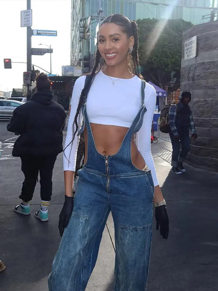 Denim Jumpsuit for Y2k Sleeveless Adjustable Straps Overalls Female Slant Pockets Jeans