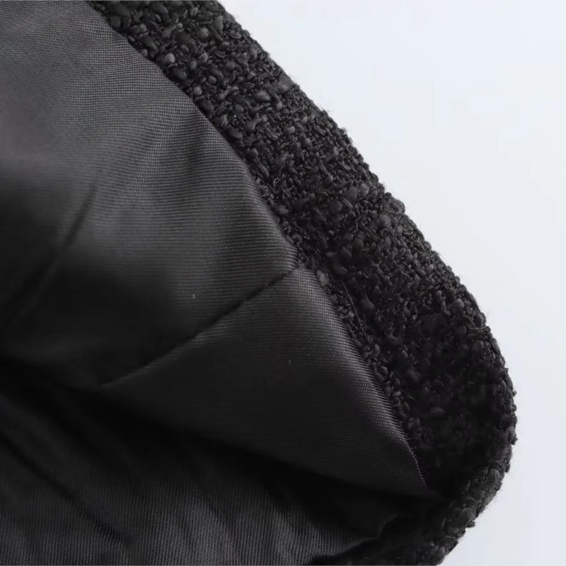 Autumn O Neck Soft Woolen Black Tweed Coat Cropped Front Pocket Single-breated Buttons Short Blazer Jacket