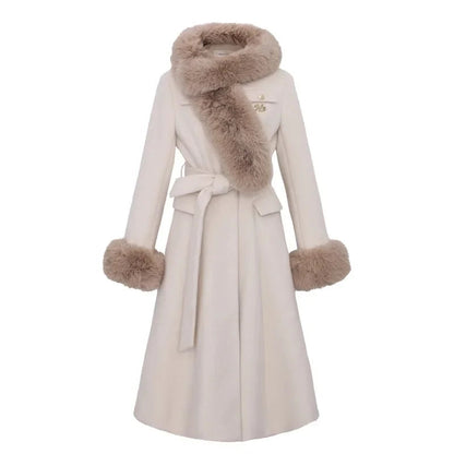 Sweet Hot Girl Large Fur Collar Woolen Coat Winter Slim Single Breasted Belt Longsleeved Coat Female Clothes
