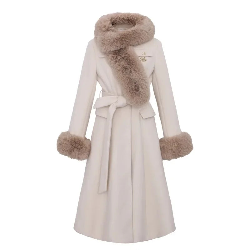 Sweet Hot Girl Large Fur Collar Woolen Coat Winter Slim Single Breasted Belt Longsleeved Coat Female Clothes
