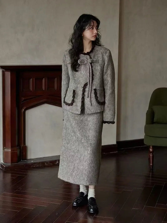 Sweet Hot Girl Suit Winter Oneck Longsleeved Coat High Waist Aline Skirt Twopiece Set Female Clothes