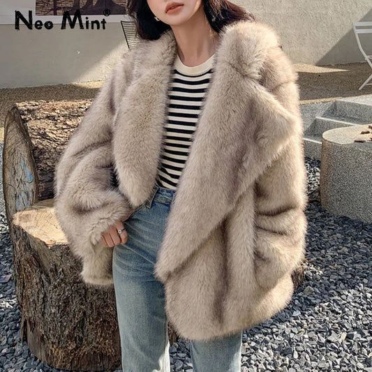 Brand Gradient Animal Color Faux Fur Coat Jacket Winter Loose Oversized Long Fluffy Overcoat Outerwear