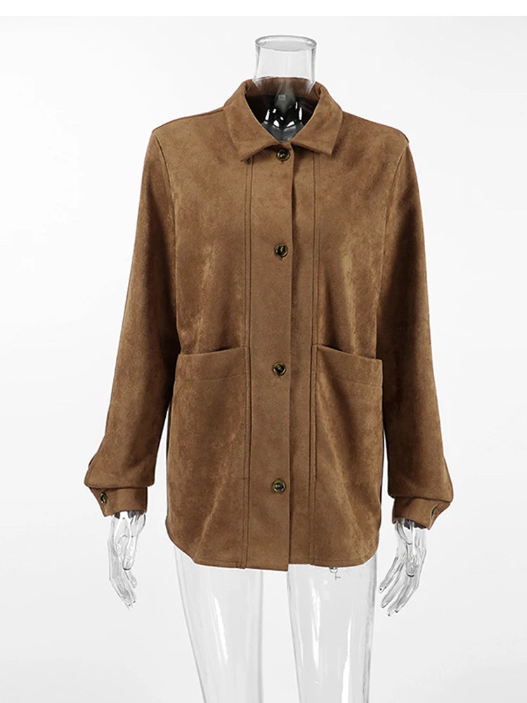 Suede Long Sleeve Jackets Autumn Loose Brown Lapel Coat Top With Pockets Female Street New in Outwear