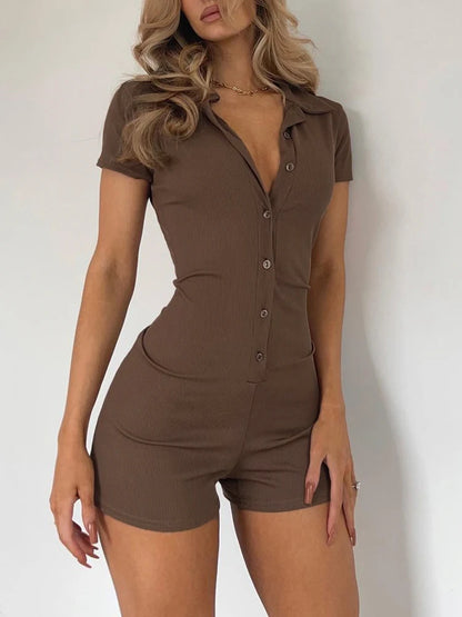 Button Up Turn Down Collar Short Sleeve Slim Ribbed Rompers Playsuit Basic Summer Shirts