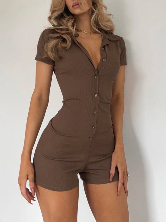 Button Up Turn Down Collar Short Sleeve Slim Ribbed Rompers Playsuit Basic Summer Shirts
